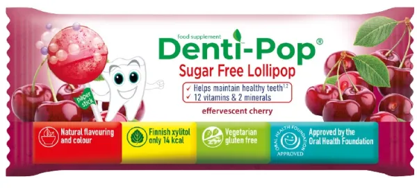 DENTI-POP vyšnių skonio čiulpinukas praturtintas 12 vitaminų ir 2 mineralų kompleksu